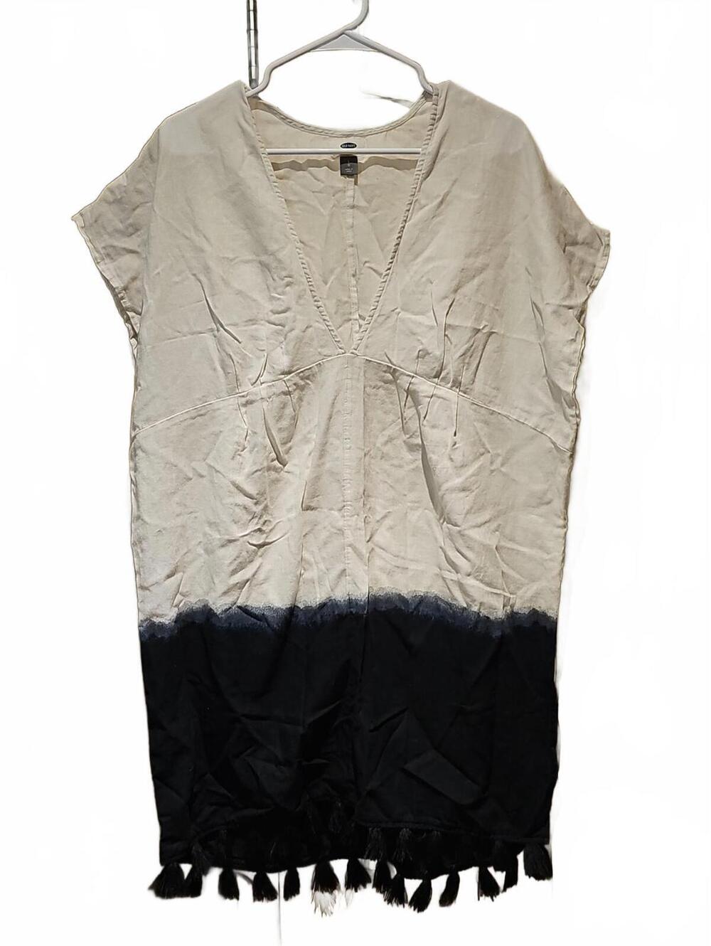 Old Navy Cotton Linen Fringe Trim V Neck Semi Sheer Dress Beach Cover UP Large